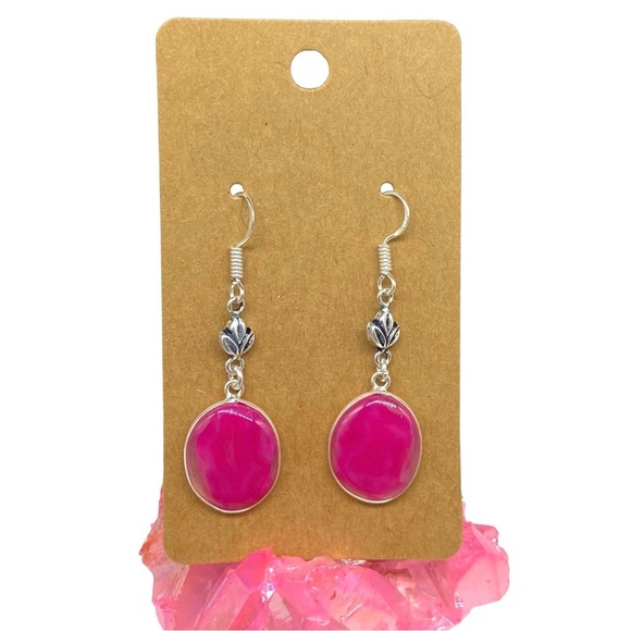 Hot Pink Agate Stone Dangle Drop Earrings 925 Sterling Silver Overlay Boho Long